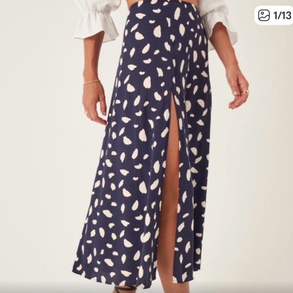 Reformation Navy and Cream Patterned Maxi Skirt